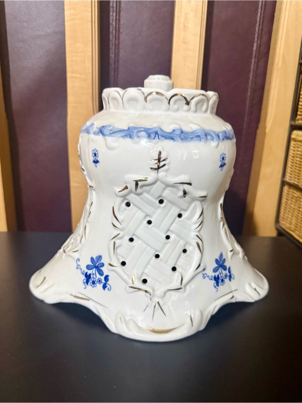 Vintage Reticulated Porcelain Fairy Lamp Shade - Blue & White Floral